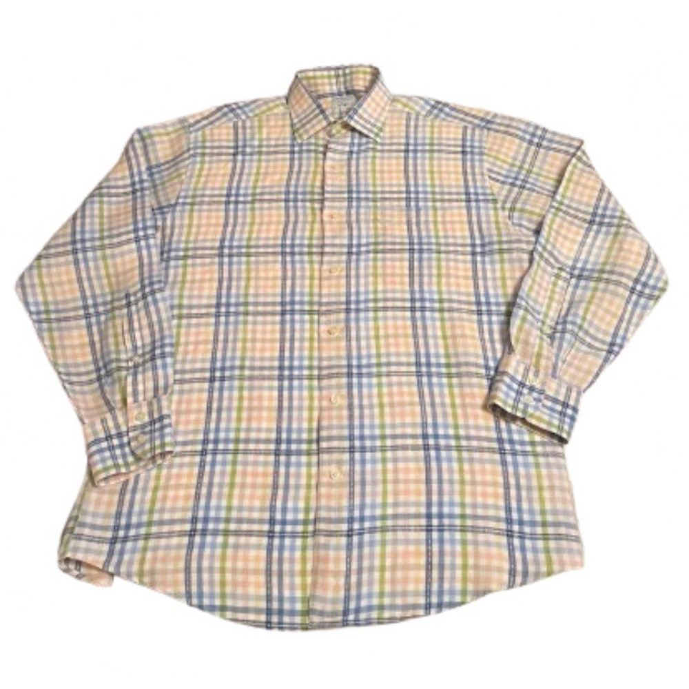 Alex Cannon Size L 100% Linen Plaid Long Sleeves Pocket Button Up Multi‎ colors